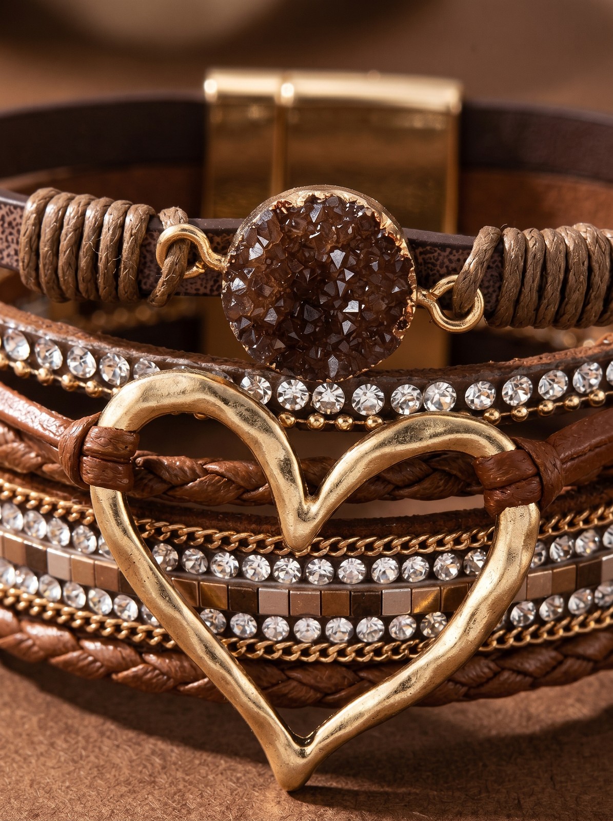 Romantic Boho Heart Wrap Bracelet – Coffee Brown Multi-Strand Leather w/ Stone