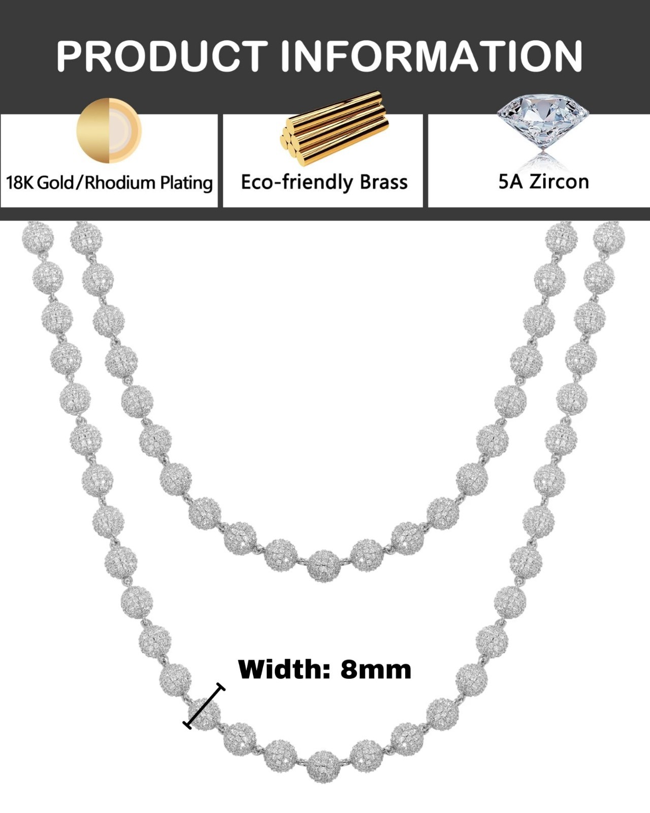 Iced Out 8mm Round Beaded Chain Necklace for Men & Women, Gold/White Gold Plated