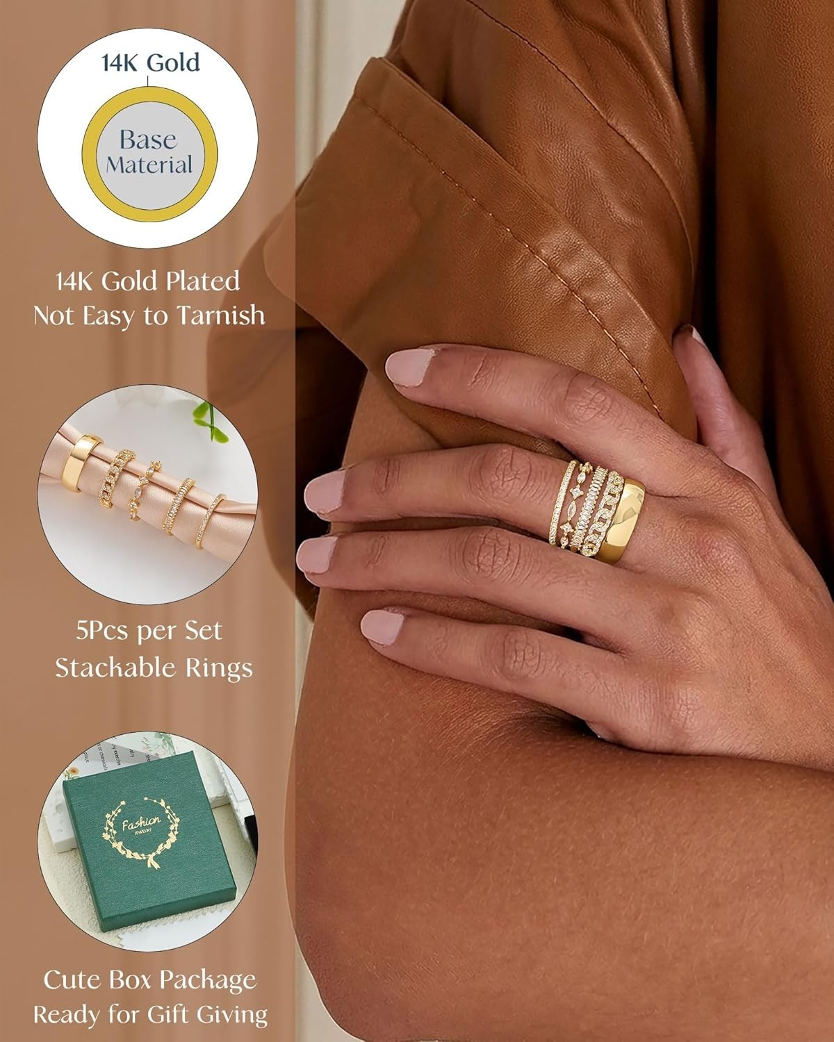 Dainty Non-Tarnish Stacking Ring Set for Women – 5pcs Cubic Zirconia Beauty