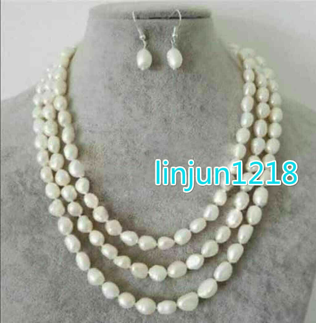 New 7-8/7-8/9-10mm 3Row 18-20” White Baroque Pearl Necklace Earring 17-19 in