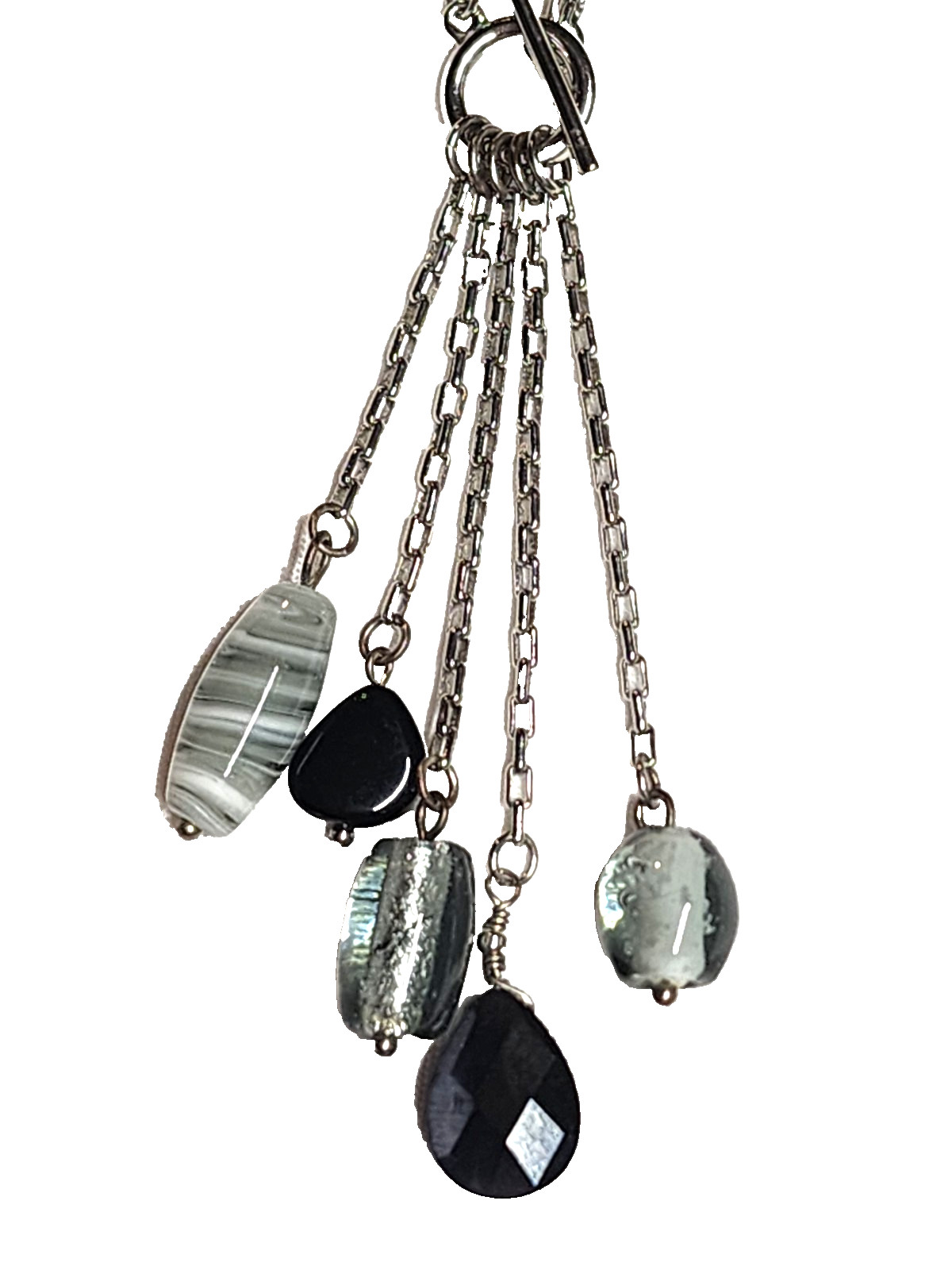 Black Gray Silver Tone Art Glass Bead Tassel Pendant Necklace 14″ Choker GUC