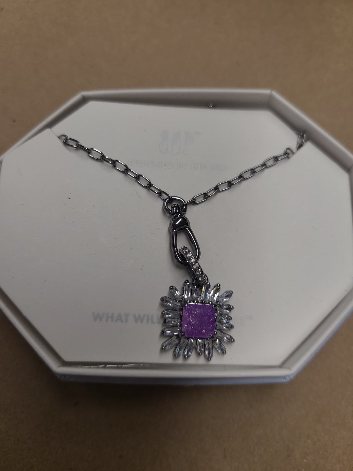 Bomb Party BP, NK53693-Never Not Beaming Necklace-Amethyst on Rhodium-NEW