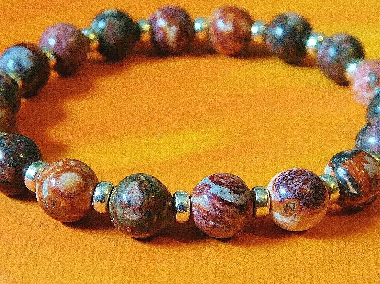Mens / Ladies 8mm Handmade Gemstone & Silver Bracelet – Leopardskin Jasper.