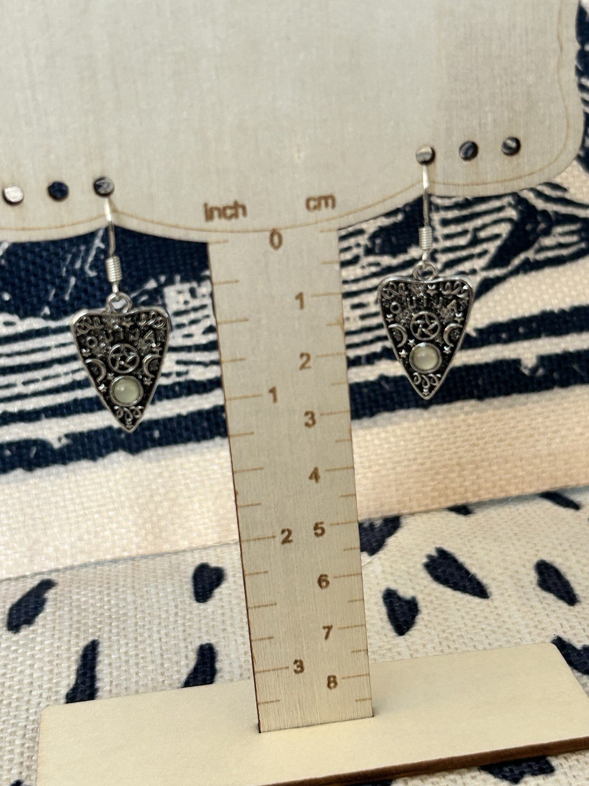 Silvertone Ouija Planchette Dangle Earrings With Faux Moonstone And Pentacle