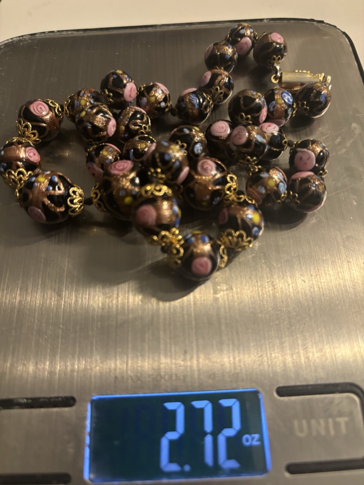 Black Glass Beaded Necklace Pink Rose & Blue Accents Gold-Tone Barrel Clasp