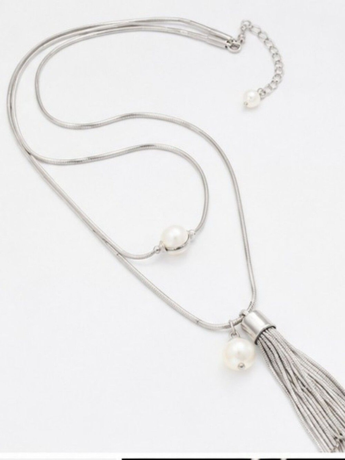 White House Black Market Silver Tone Tassel Necklace Faux Pearl Long Statement
