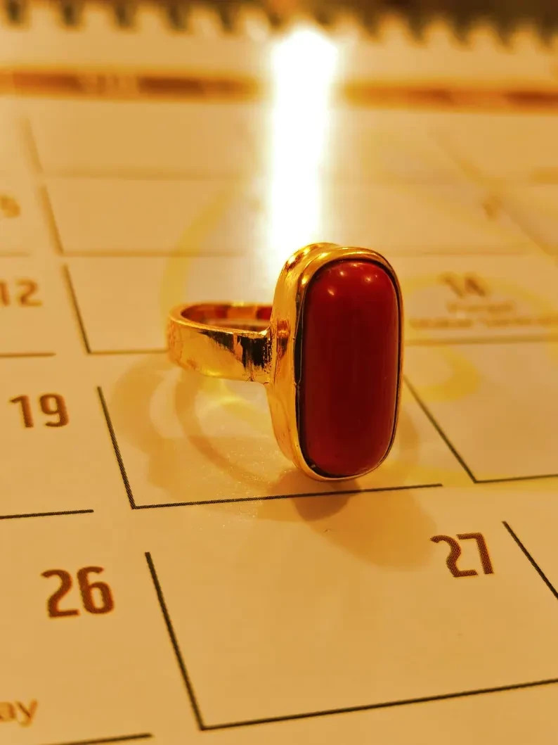 Italian Red Coral Ring, 925 Silver Yellow Gold, Vedic Astrology Capsule Ring