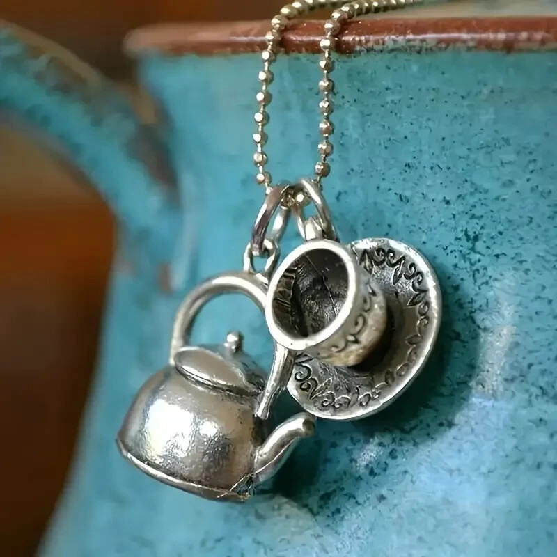 Unique Retro Tea Cup Coffee Cup Pot Pendant Necklace – Exquisite Alloy Bead