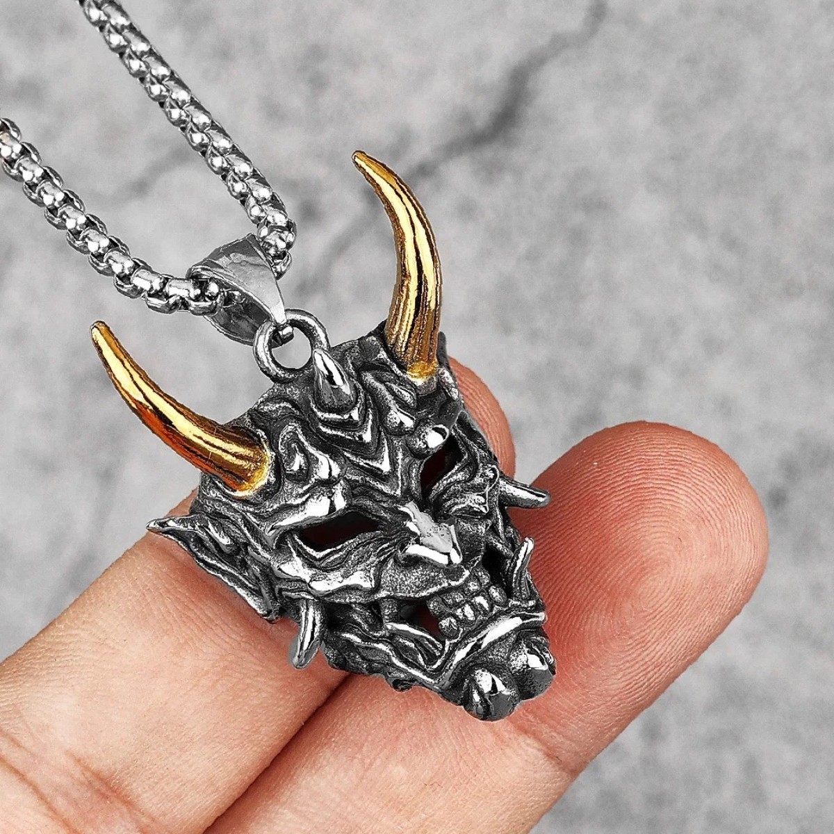 Mens Japanese Hannya Oni Mask Pendant Necklace Punk Biker Jewelry Box Chain 24″