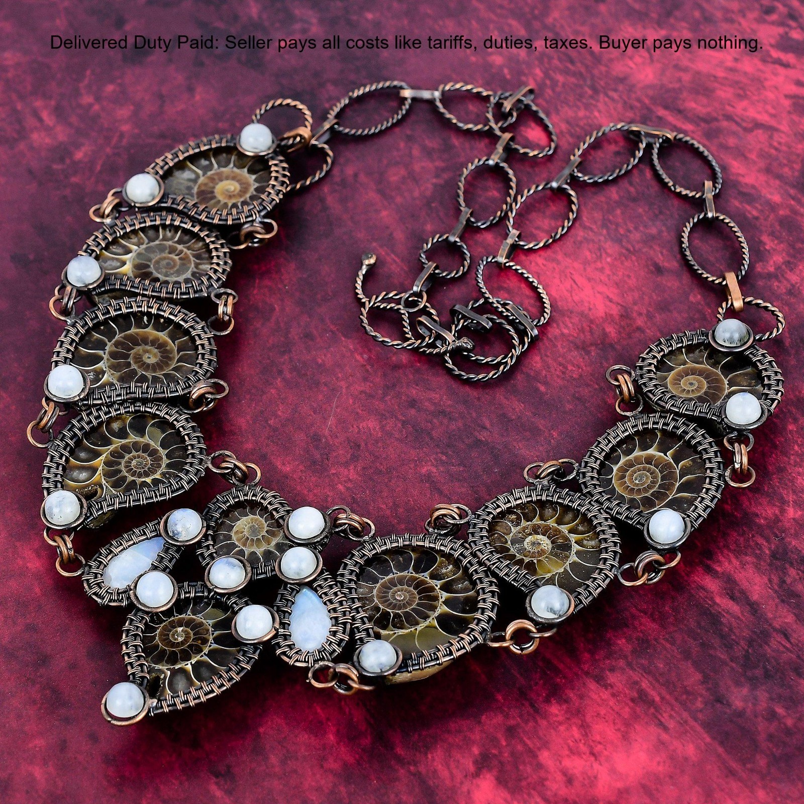 Ammonite Fossil Gemstone Rainbow Moonstone Copper Wire Wrapped Chain Necklace