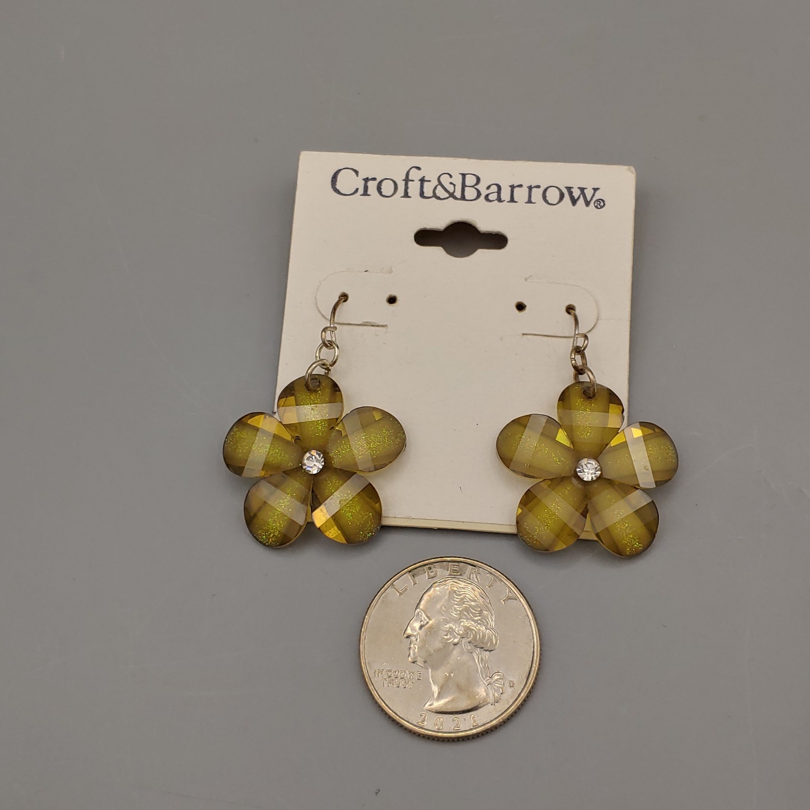 Croft & Barrow Dangle Earrings Acrylic Transparent Flower Rhinestone Center NWT