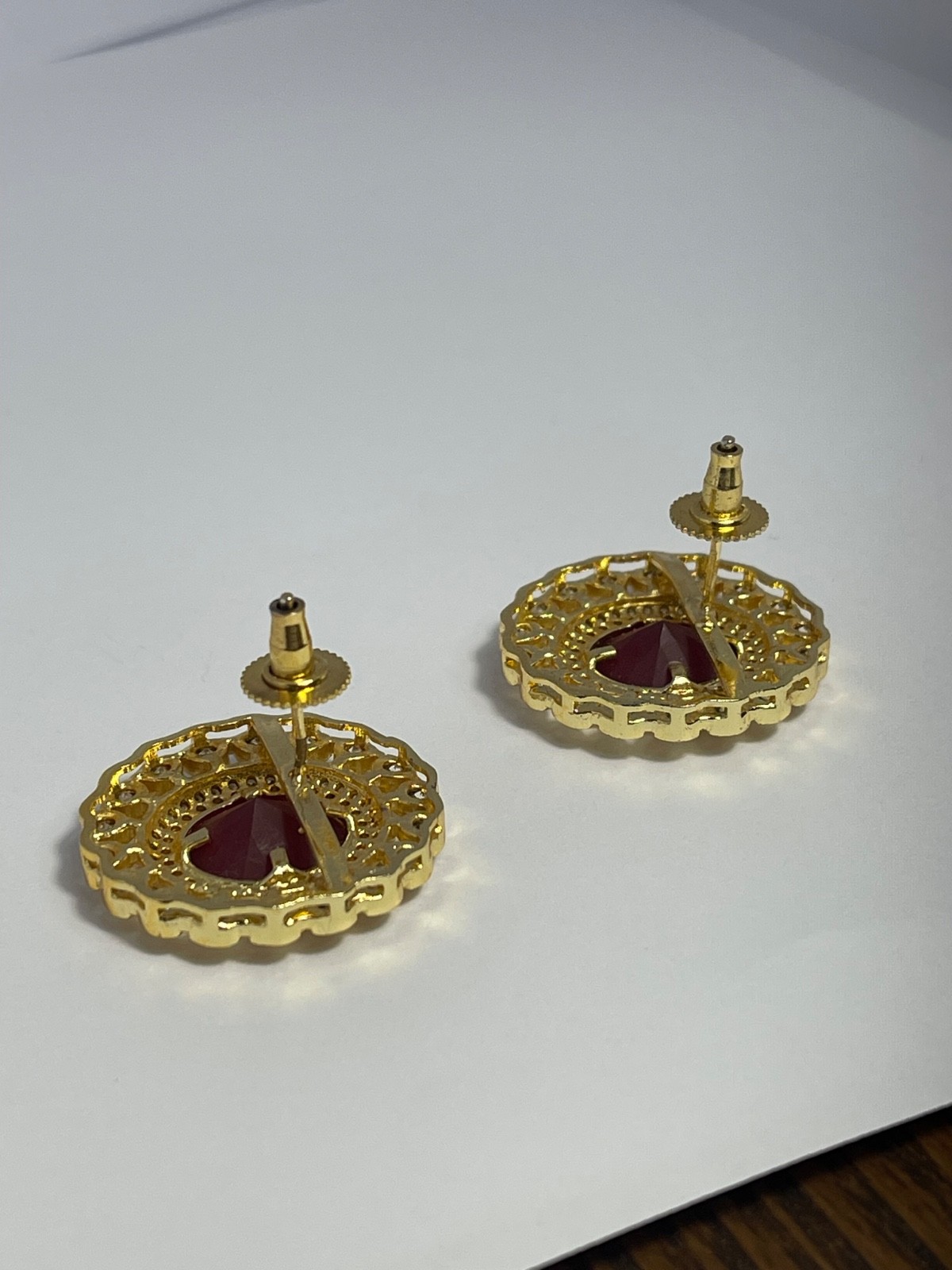 Oval Red Stone (24k) GP Stud Earrings w/ Halo (13.3 grams)