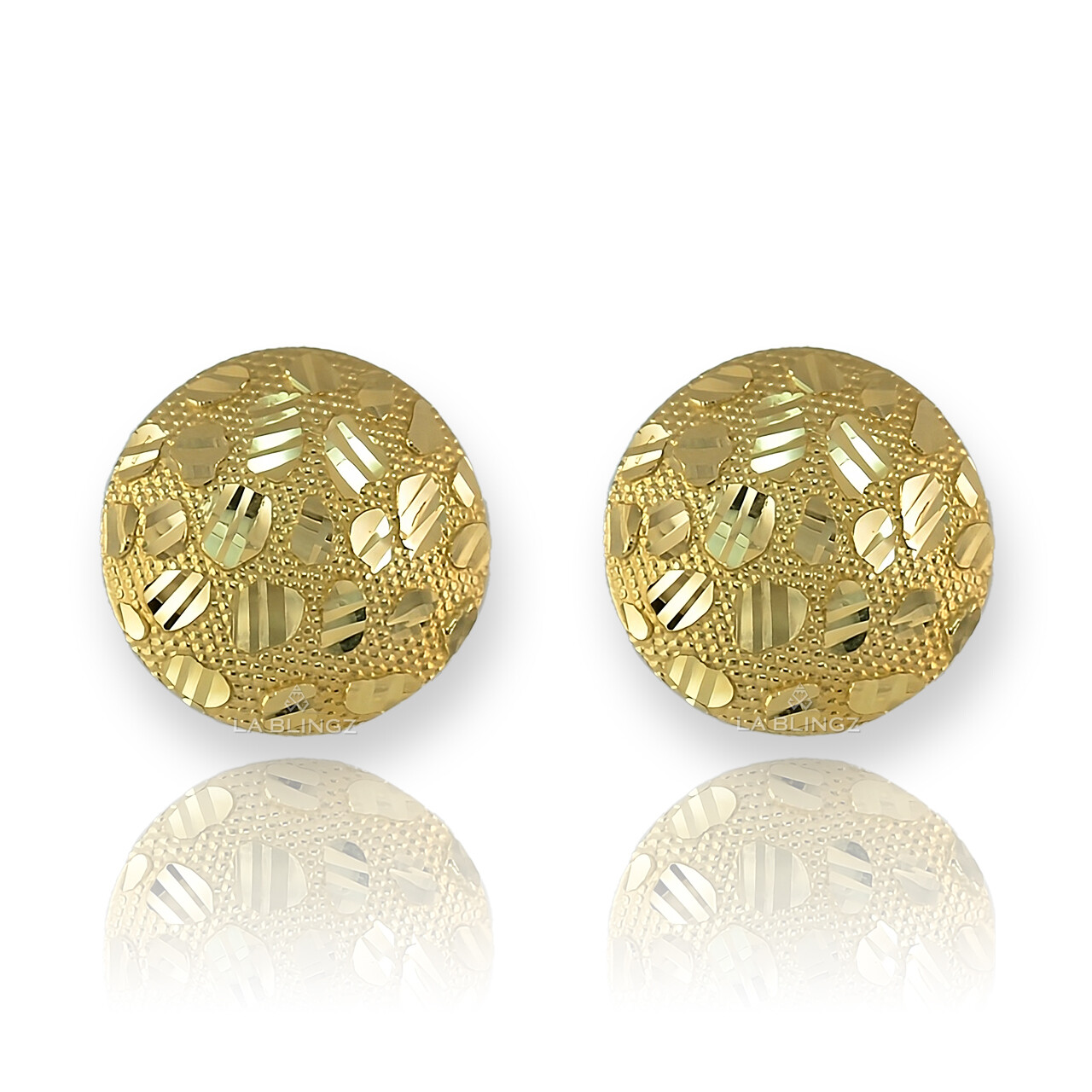 14K Yellow Gold Nugget Sparkle Cut Round Stud Earrings (3 sizes)