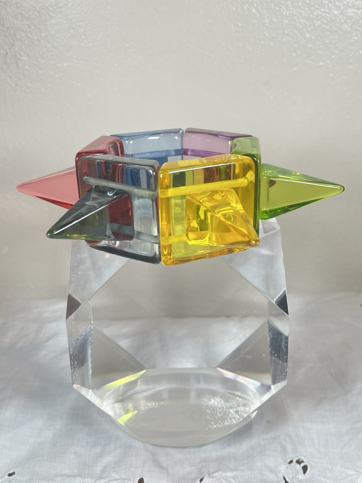SOBRAL LAGERFELD Signed Rainbow Transparent Spike Cone HUGE Lucite Bracelet