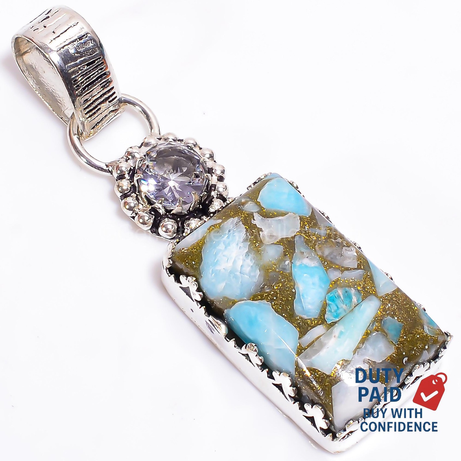 Radiant Spiny Copper Amazonite Sterling Silver Art Deco Anniversary Wife Pendant