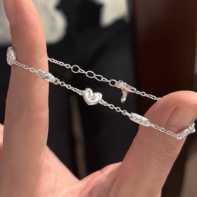 Cute Silver Plated Charm Bracelet Women Dainty Sweet Heart Bread Chain Jewelry
