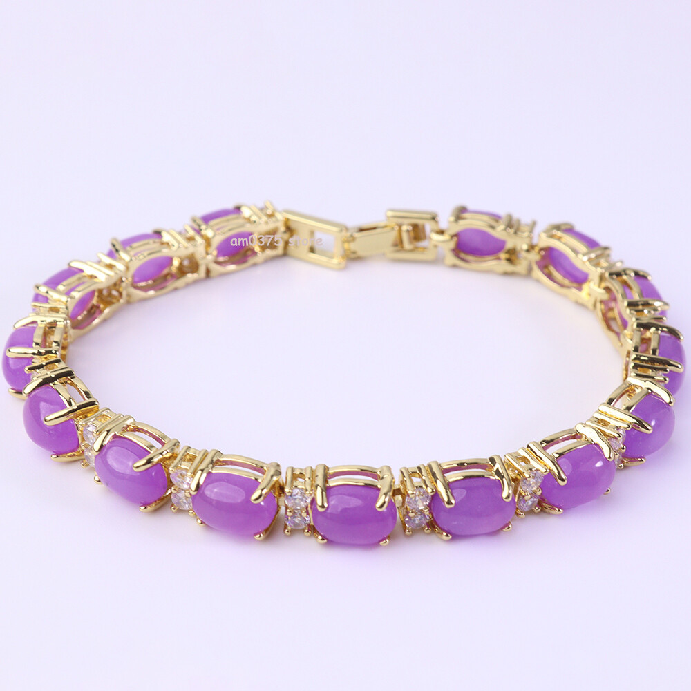 Yellow Gold Plated Alloy Purple Jadeite Zirconic Jade Women’s Bracelet 7.1inchL
