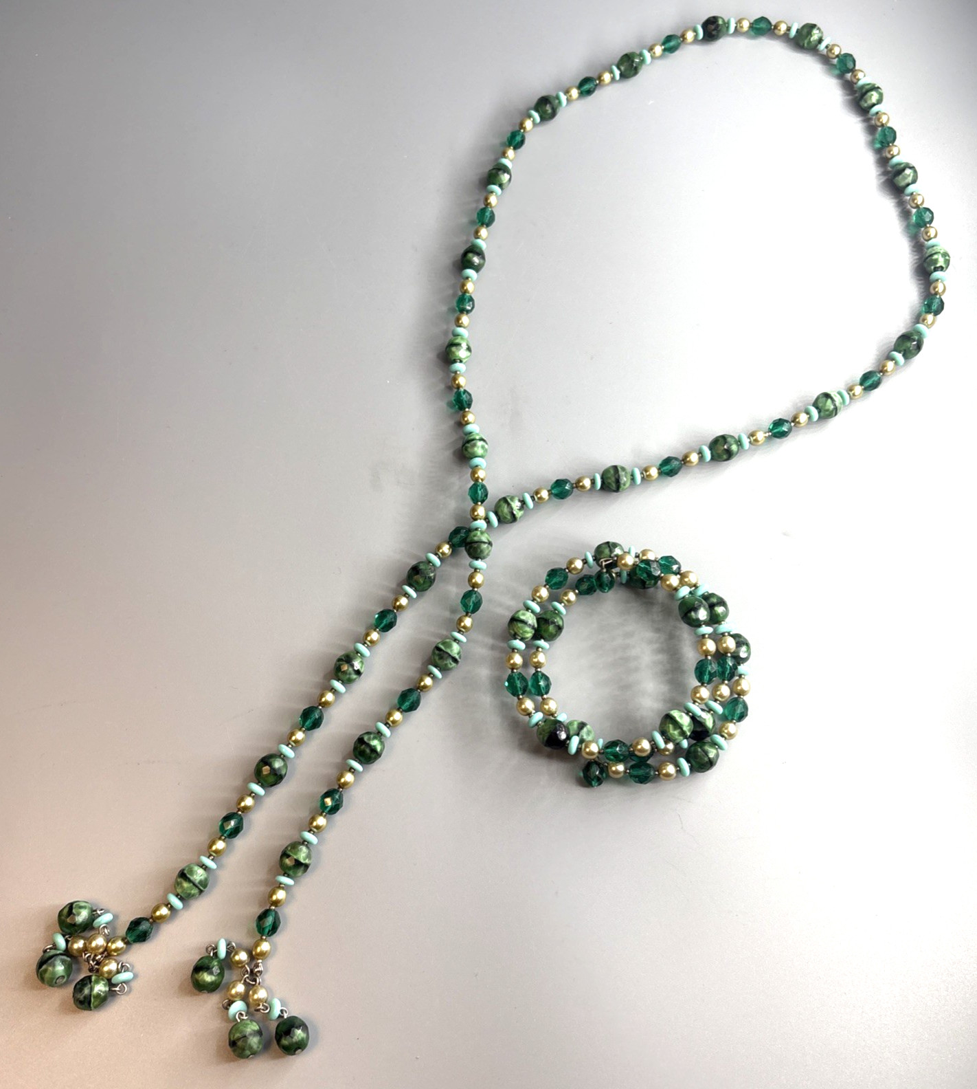 Emerald Green, Turquoise and Gold Beaded Set 42″ Lariat Necklace & Coil Bracelet