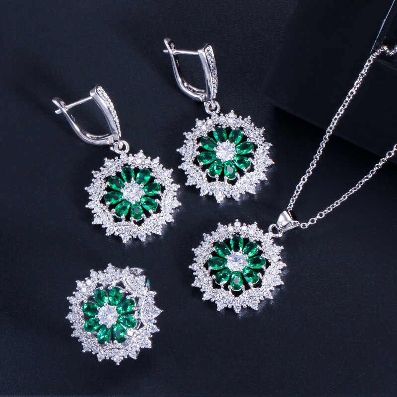 Pretty Flower Pendant Necklace Earrings Ring Set Silver Plated Women CZ Jewelry