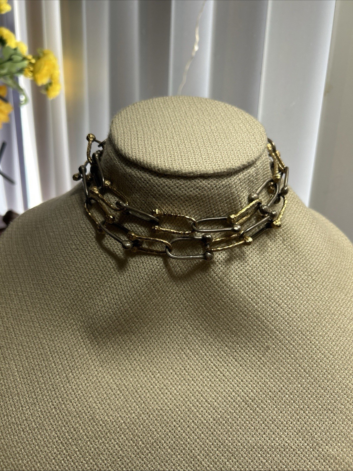57. Tat 2 Gold Silver Plate Two Tone U Horse Shoe Link Chain Necklace 81.8g, 28″