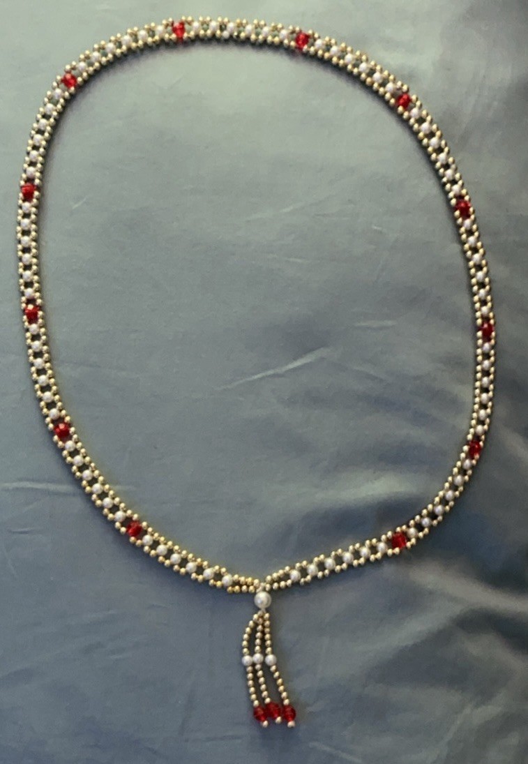 Gold, White, Red Tone Beaded Necklace Single Wide Strand Lightweight Vintage EUC