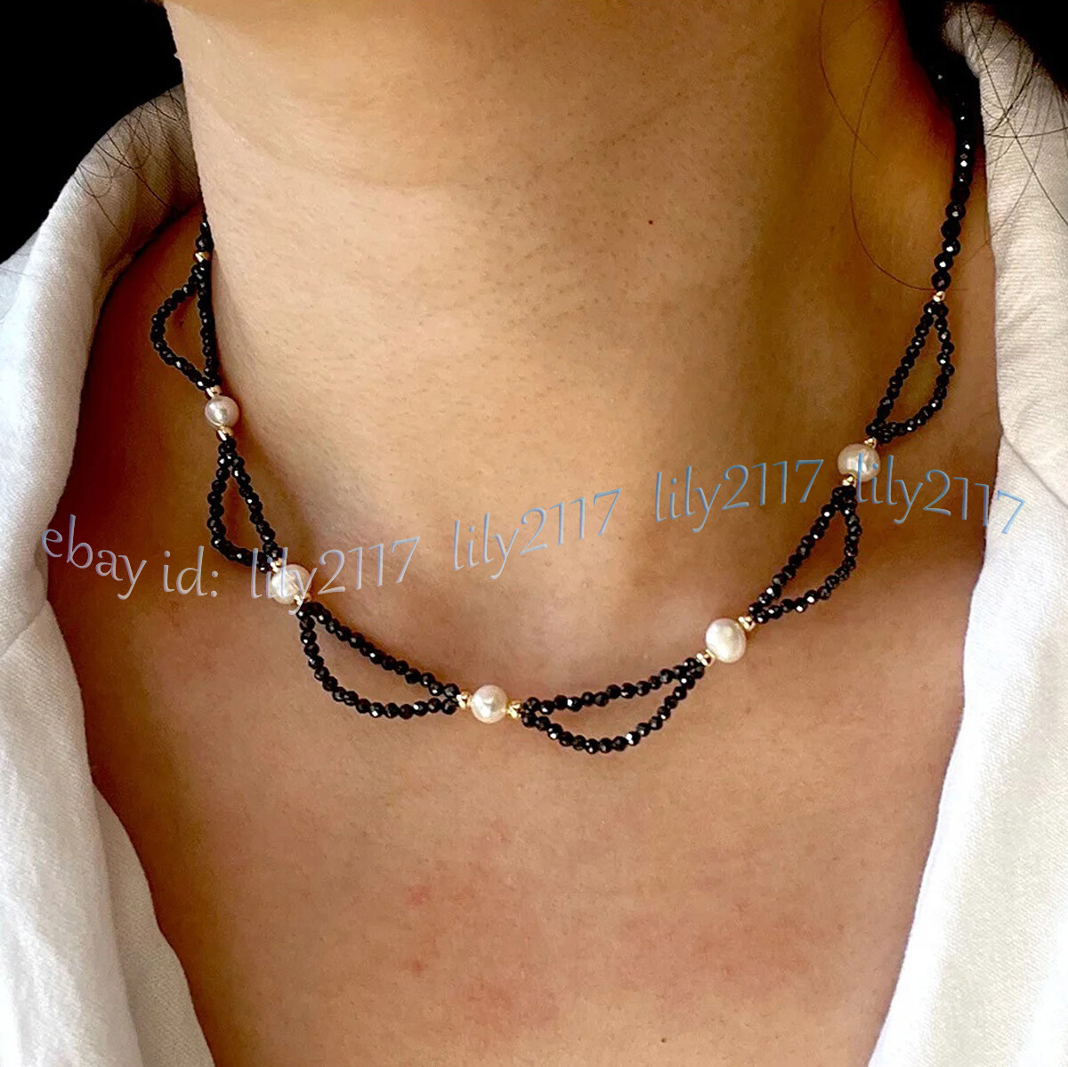 3mm Faceted Black Spinel Gems Beads Natural White Freshwater Pearl Necklace 18”