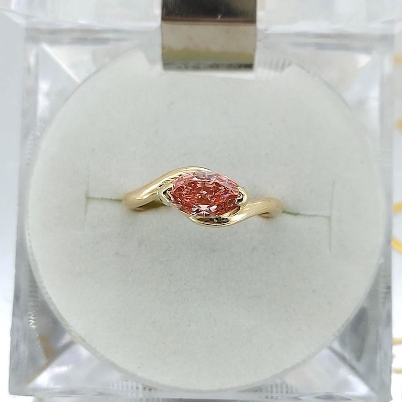 Pink Marquise Cut CZ Diamond Engagement Ring Solitaire Half Bezel Set Jewelry