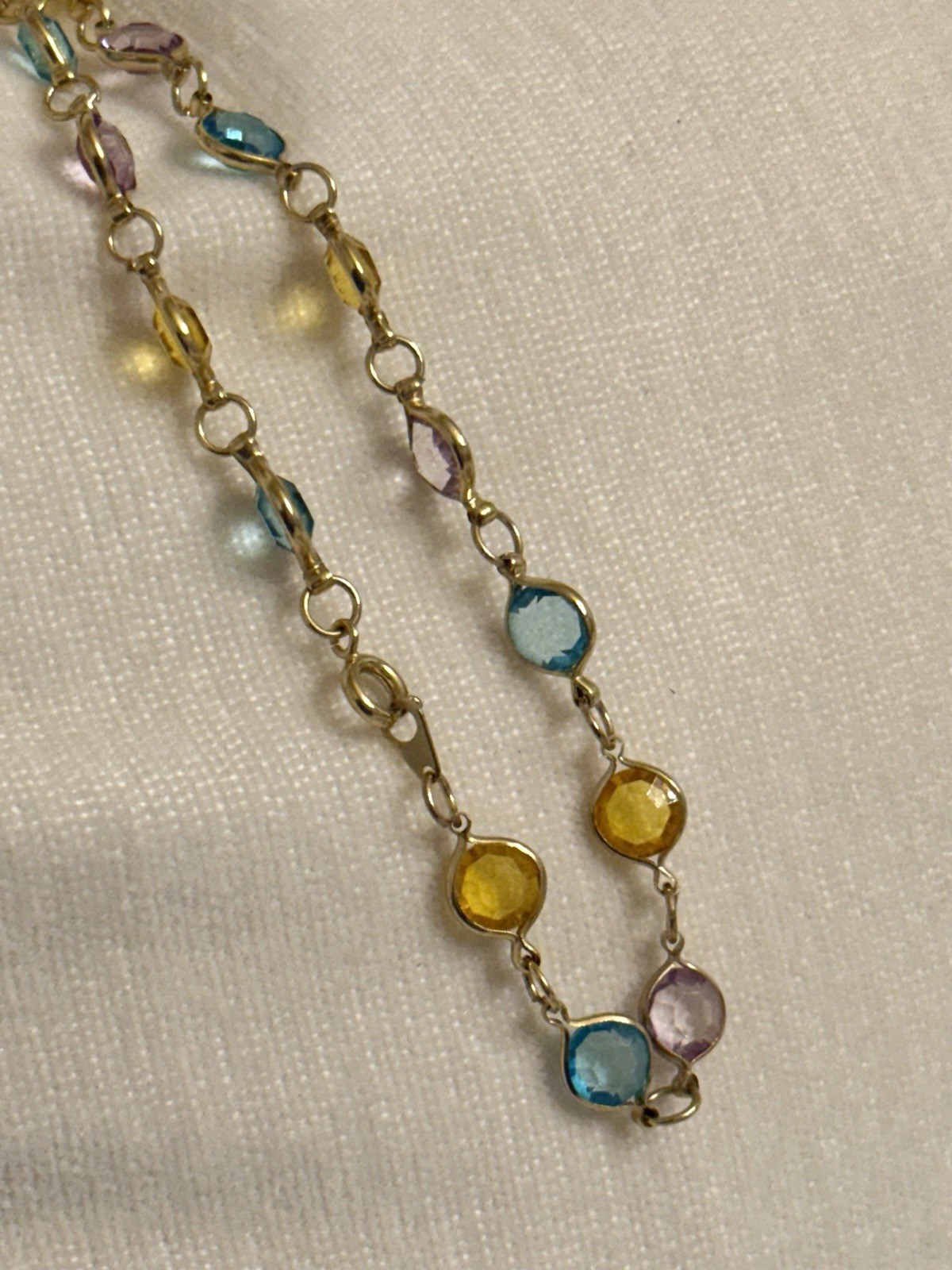 28″ Multi-Gemstone Station Necklace Gold Tone Bezel Set Blue Purple Yellow Boho