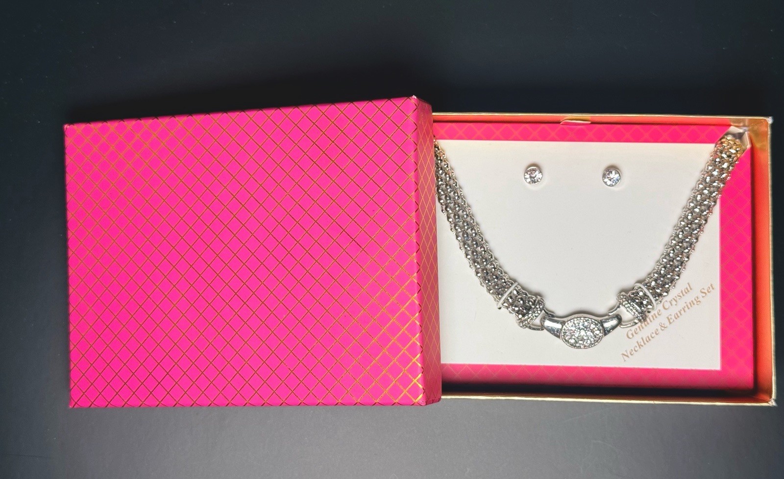 Silver Tone Crystal Necklace Earring Set Rhinestone Toggle Clasp Gift Box NWOT