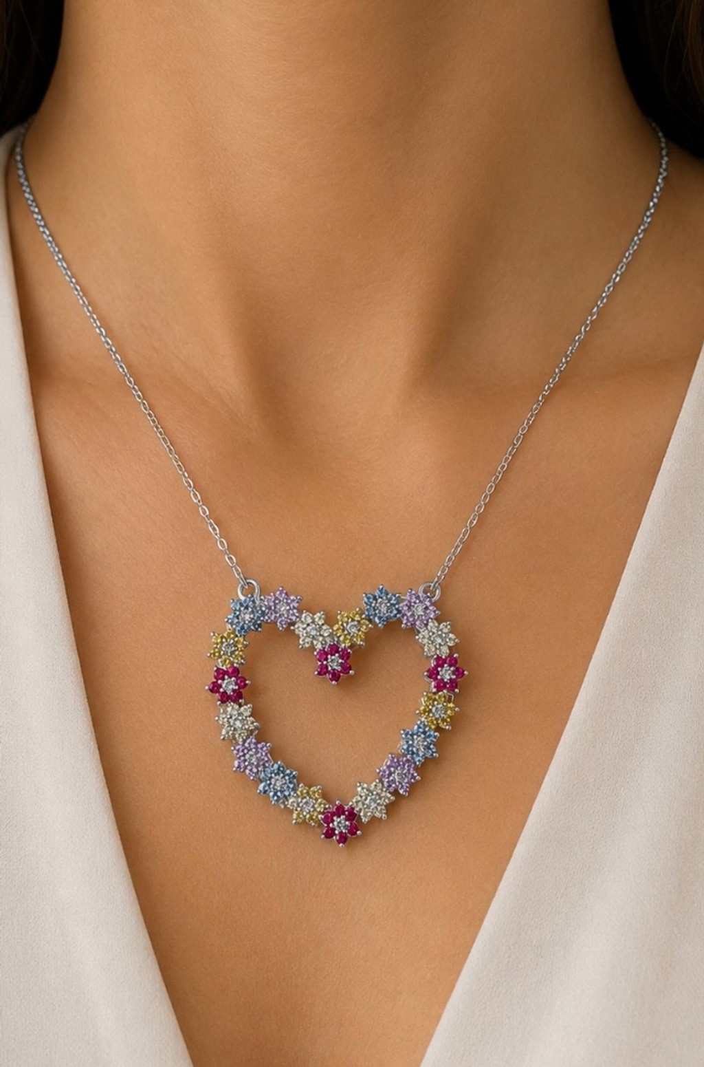 JTV Heart Flower Pendant Multi-color Gems set in 925 Sterling Silver New