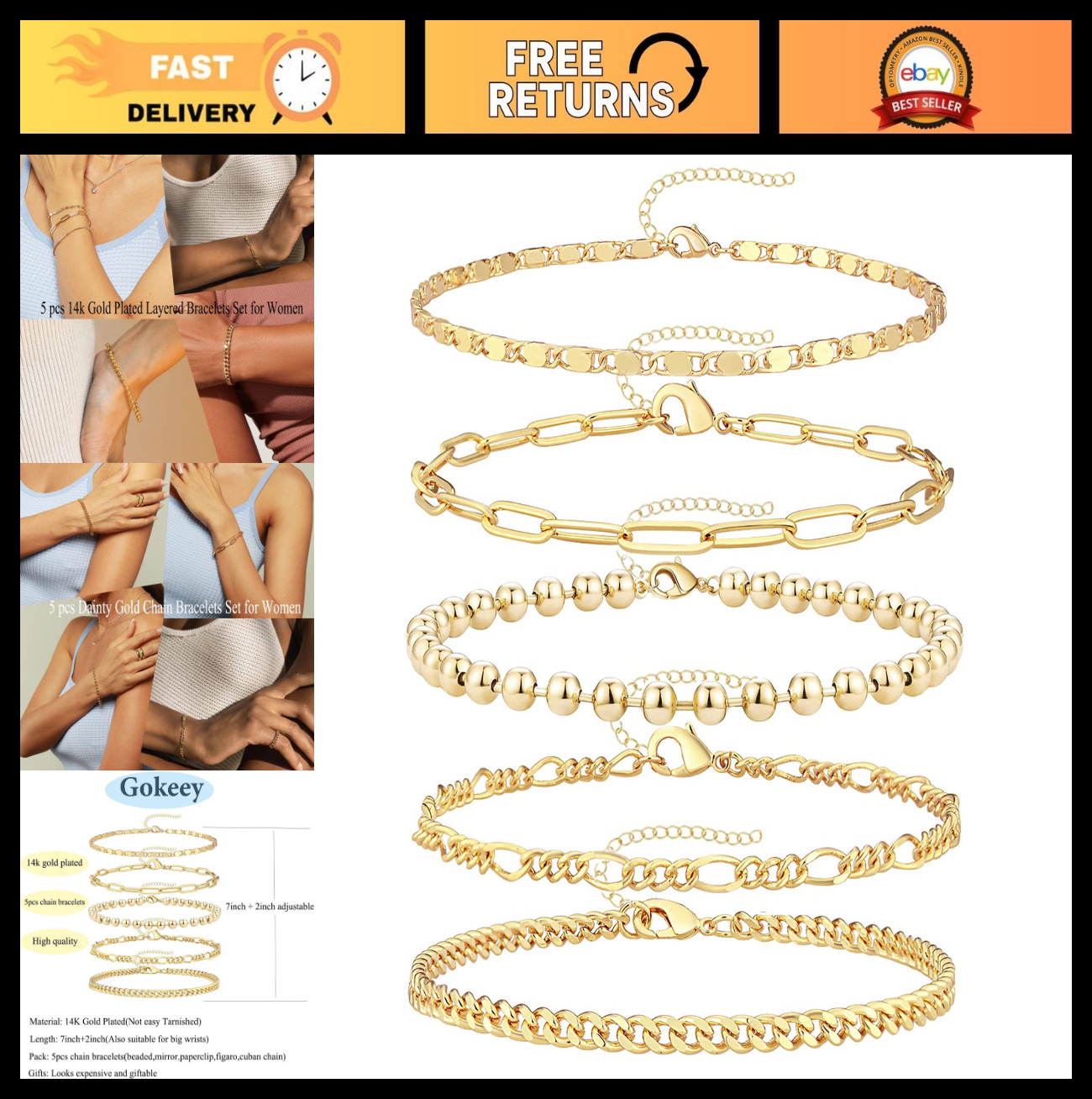 14K Gold Plated Bracelets Set for Women – Stackable Beaded Cuban Chain Links, 5p