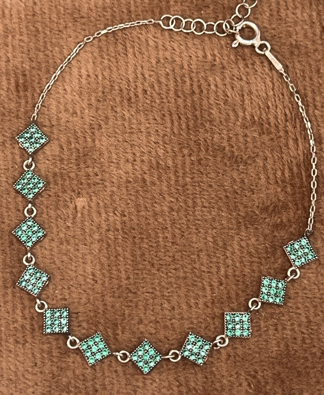 Green Stone Lozenge Geometric Station Bracelet Rose Gold On Sterling Adjustable