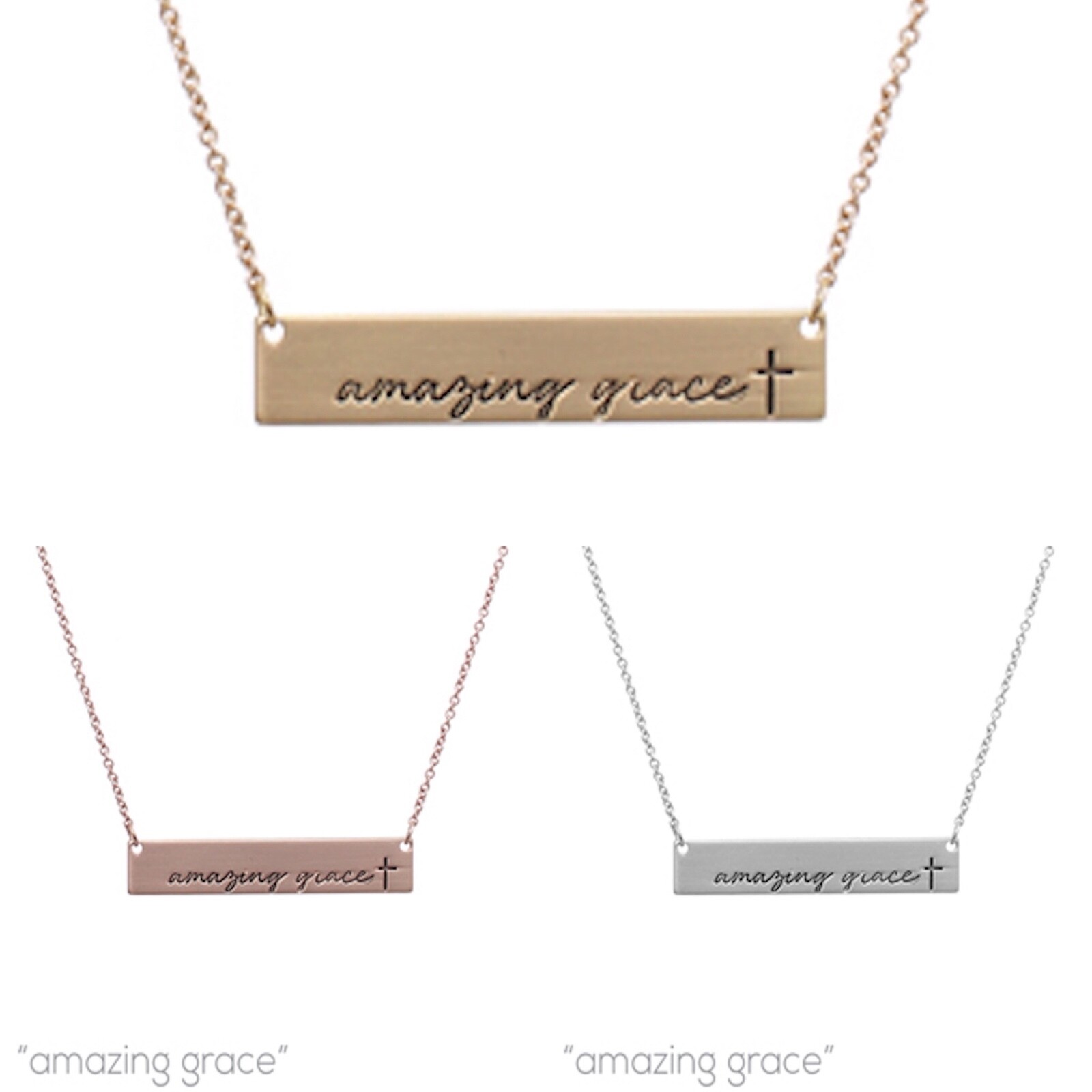 Amazing Grace Bar Message Necklace in Matte Silver or Gold (1.6×0.25in) (16+3in)