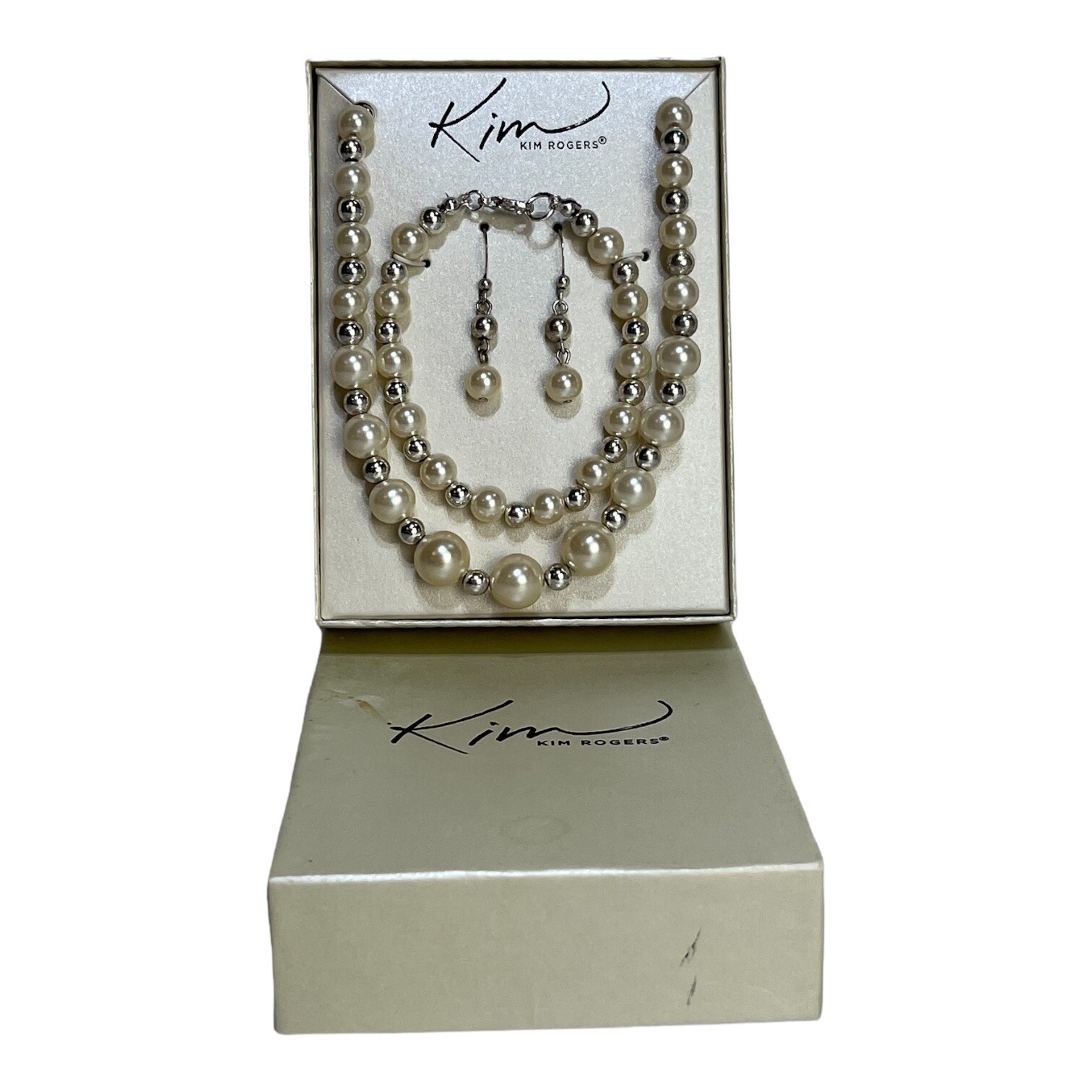 Kim Rogers Faux Pearl and Silver Bead Necklace Bracelet and Earrings Set