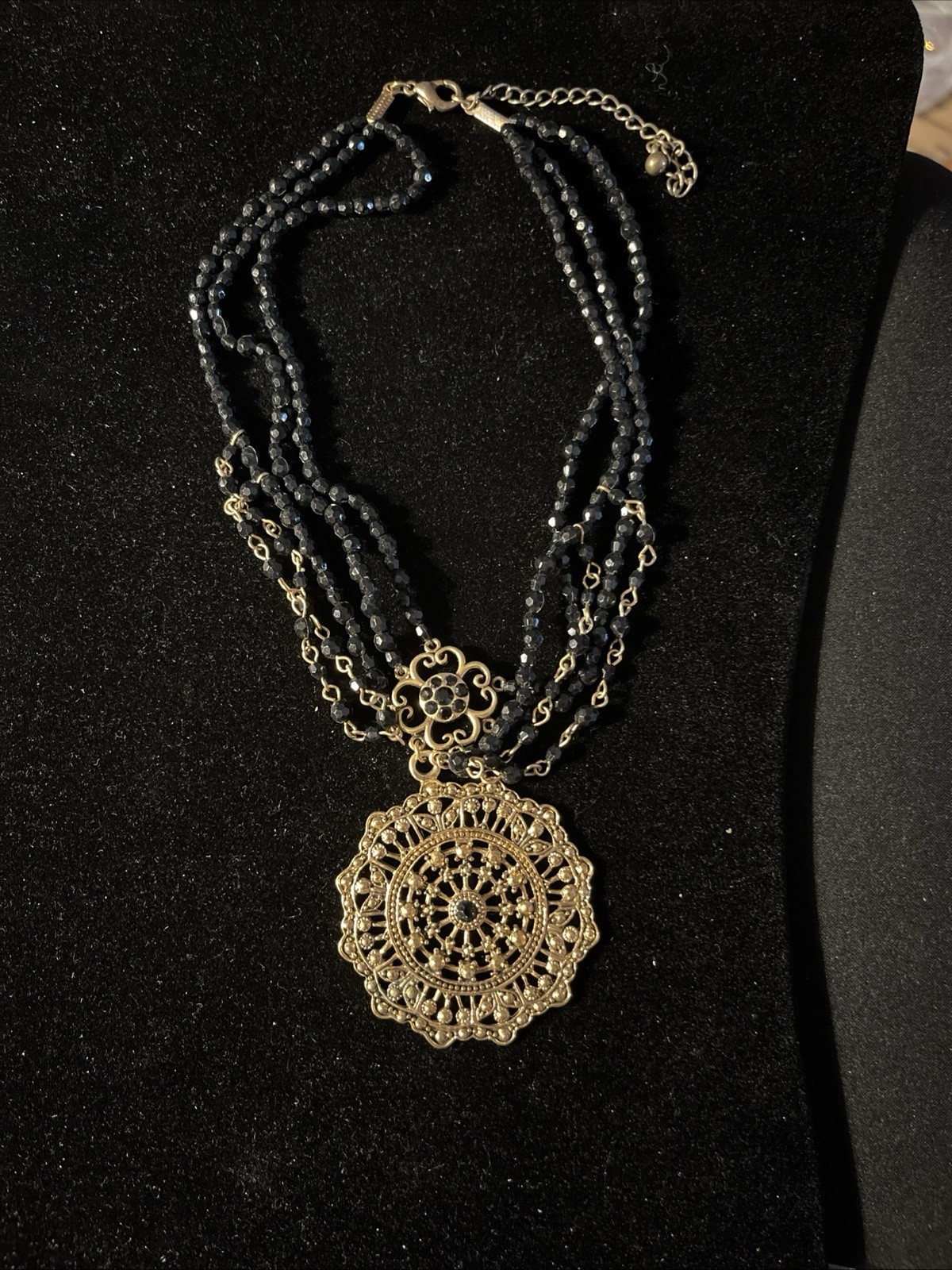 Vintage Gold Tone Mandela Necklace Black Beaded Strands 13-16”