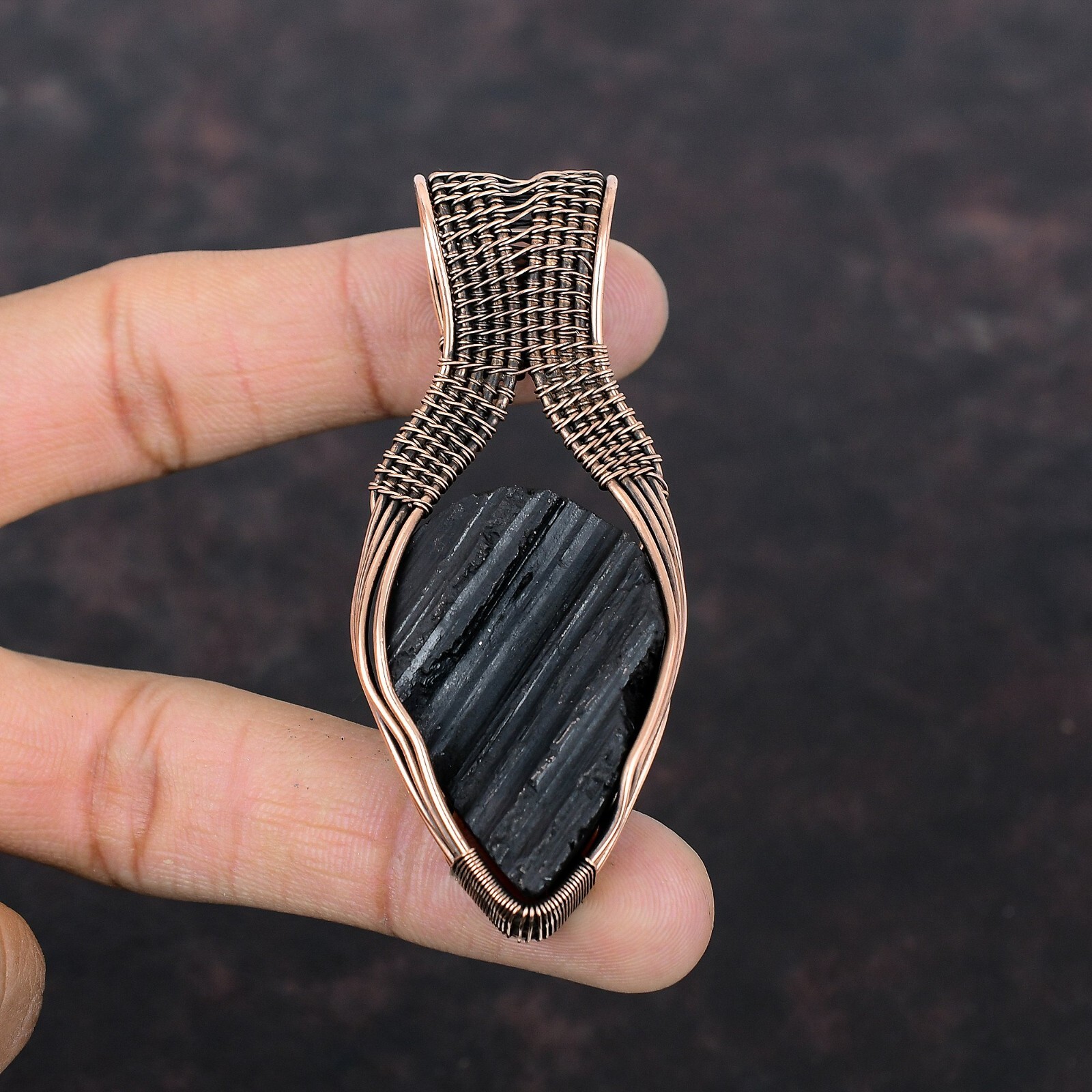 Black Tourmaline Rough Copper Mother Gift Wire Wrapped Pendant 3.03″