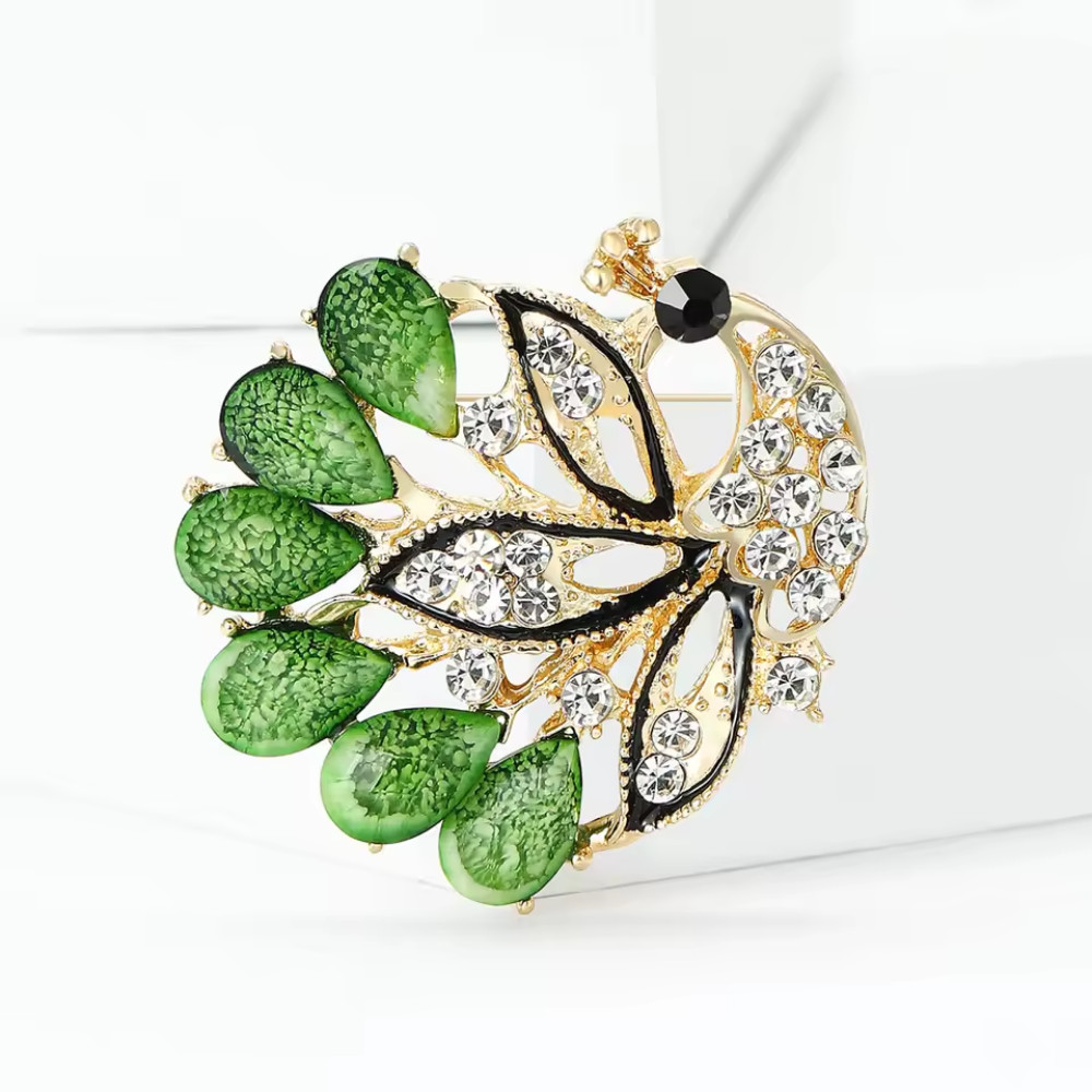 Green Crystal Peacock Brooch Pin Gold Tone Rhinestone Bird Statement JewelryGift