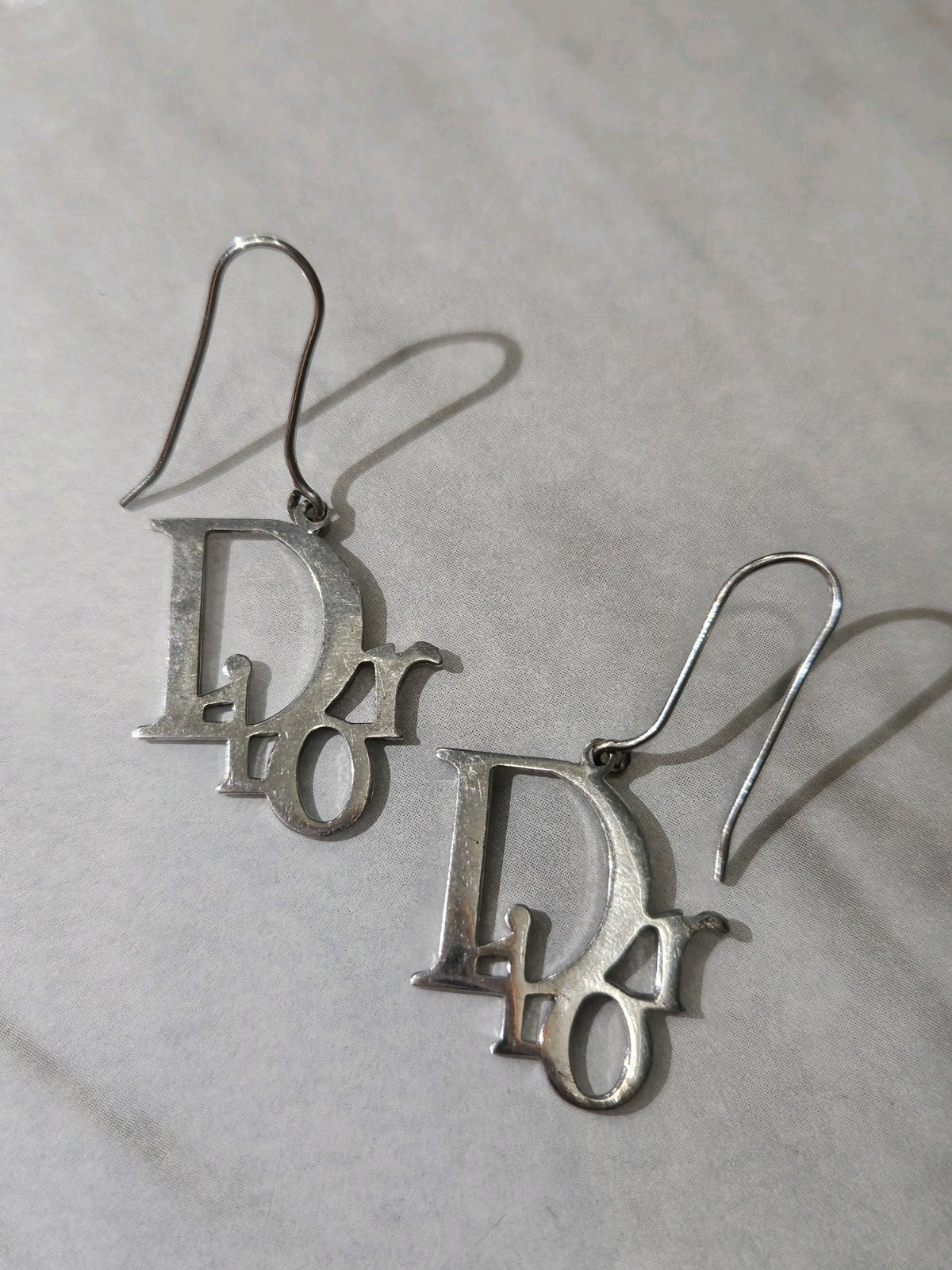 VINTAGE CHRISTIAN DIOR BY JOHN GALLIANO SILVER LOGO DROP EARRINGS