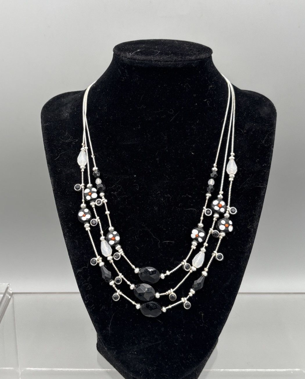 Women’s 3-Strand Silver Tone Black White Red Beaded Necklace, 8″