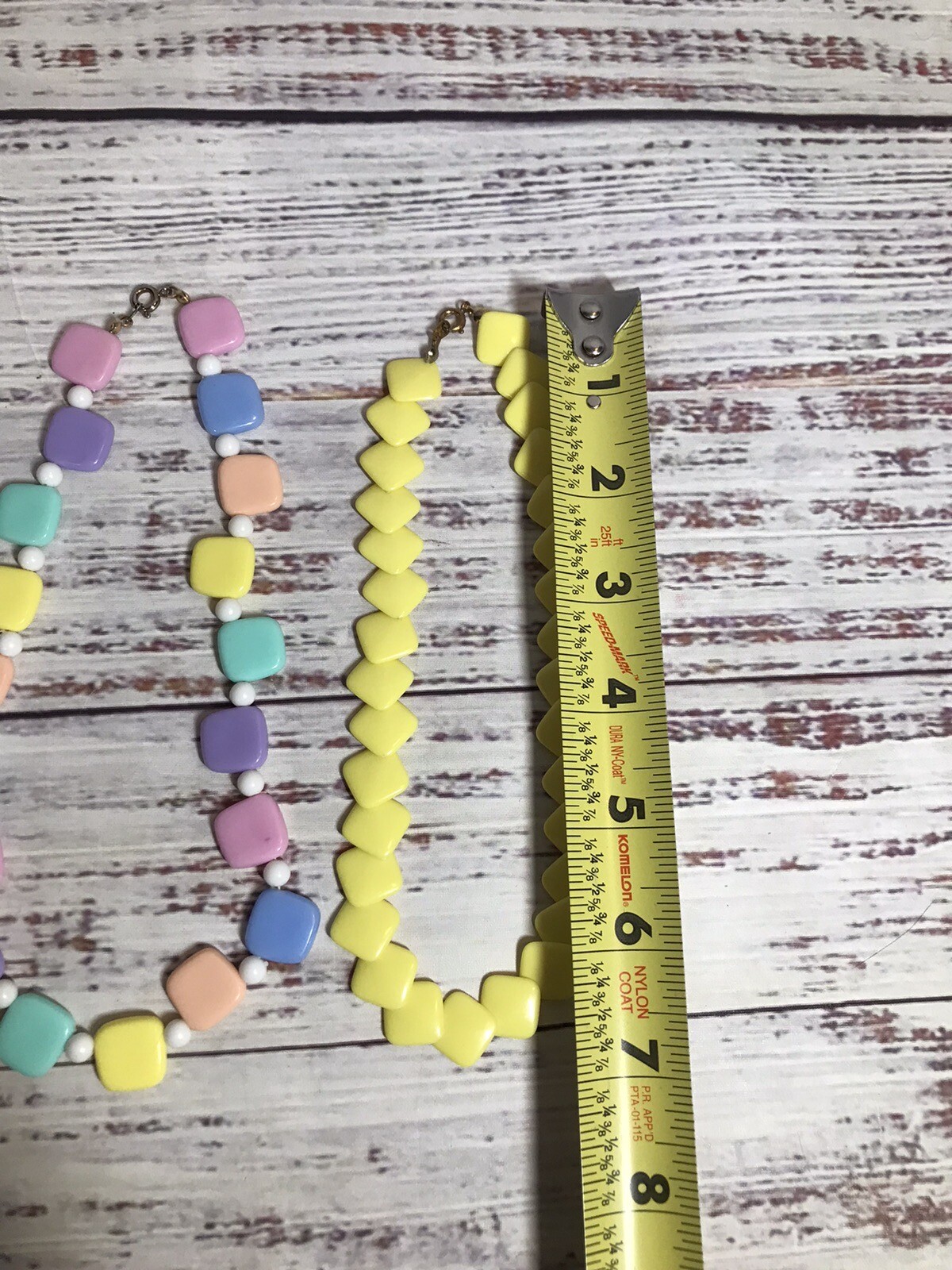 VTG Square Plastic Bead Necklace Strand Lobster Claw Clasp 1990’s Yellow Pastel