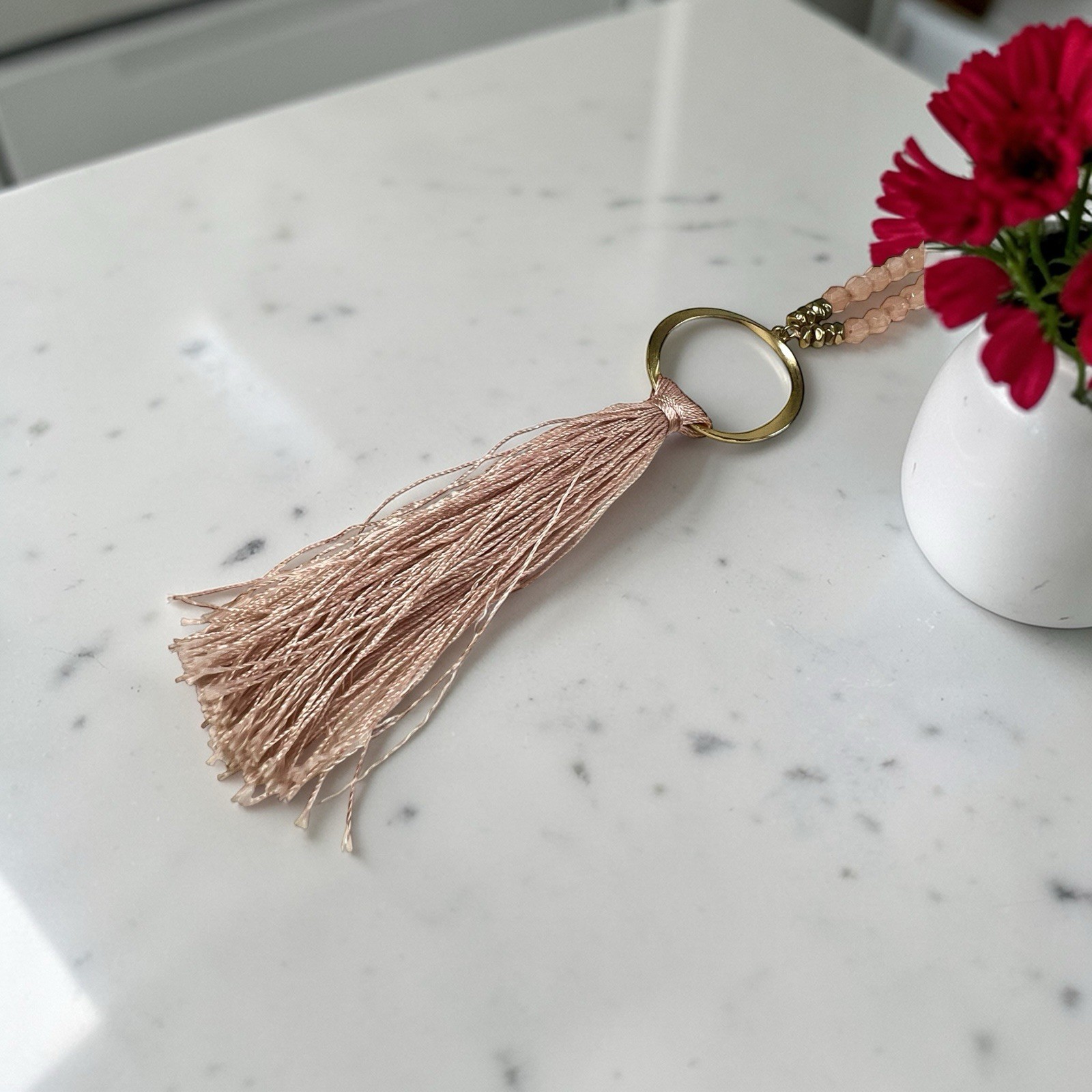 Loft Beaded Tassle Necklace Salmon Pink Color Gold Tone Hoop 26”