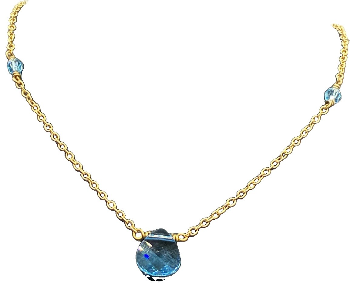 Touchstone Crystal Light Sapphire Briolette and Bead Gold Tone Necklace