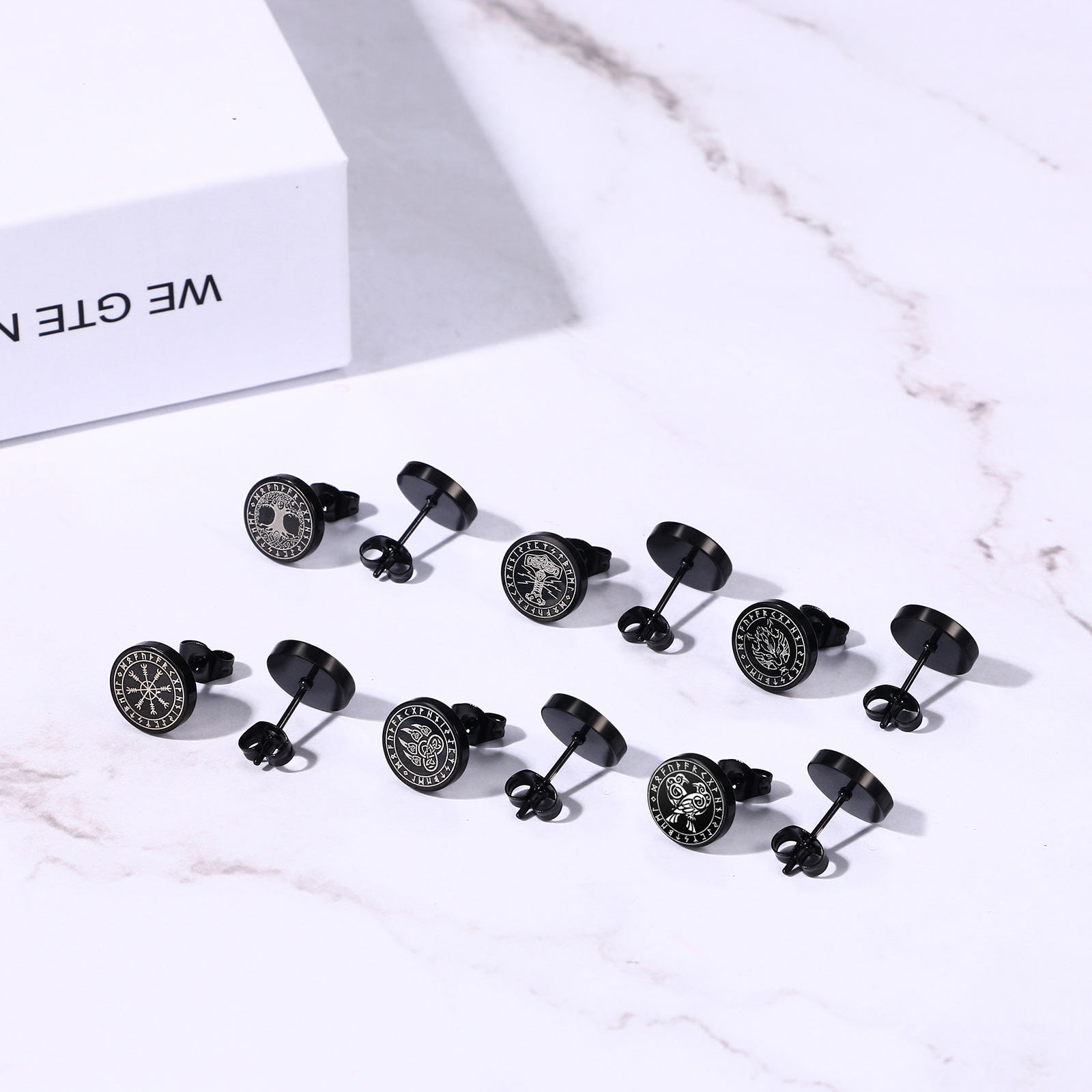 12pcs Mens Nordic Viking Rune Round Black Earrings Set Stainless Steel Ear Studs