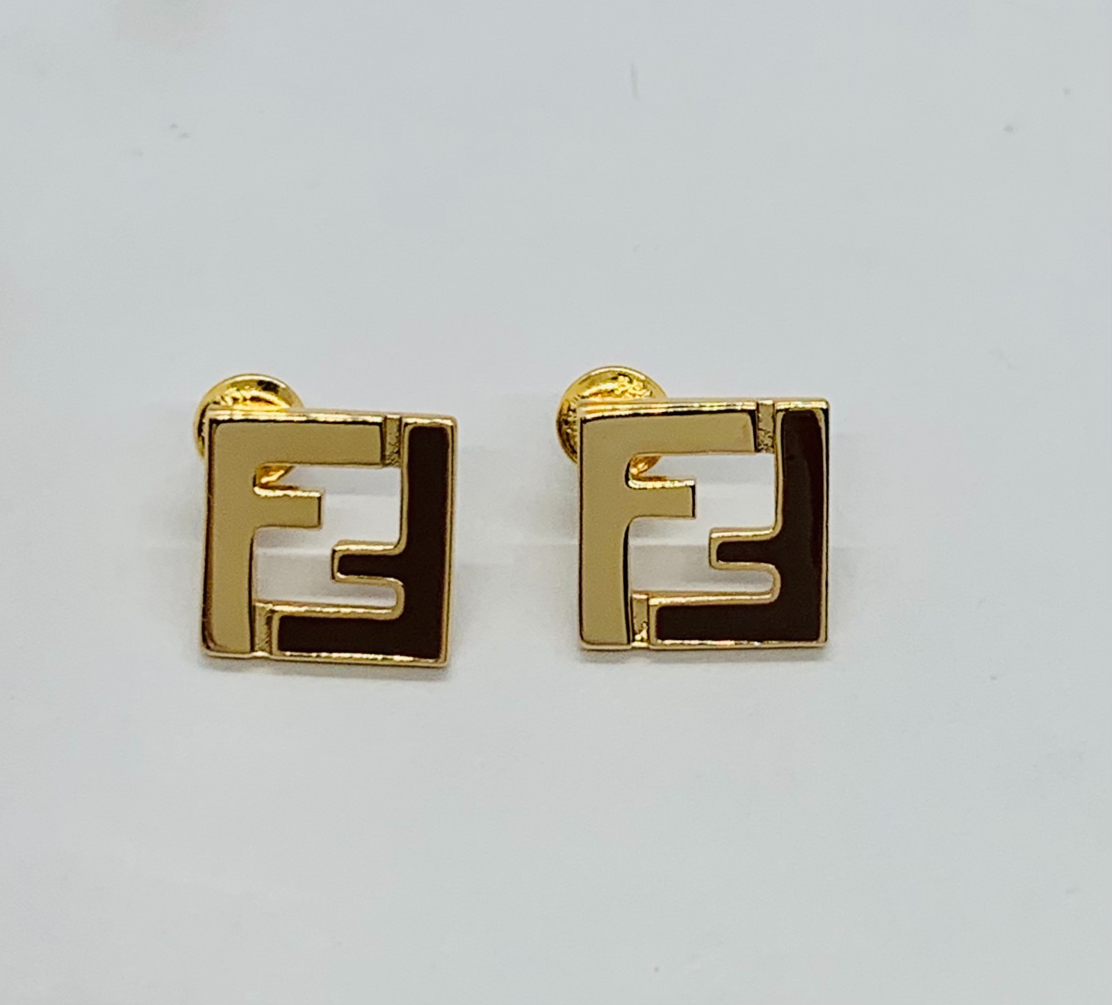 FENDI FF Black Gold Tone Monogram Earrings – Pre owned / MC6113