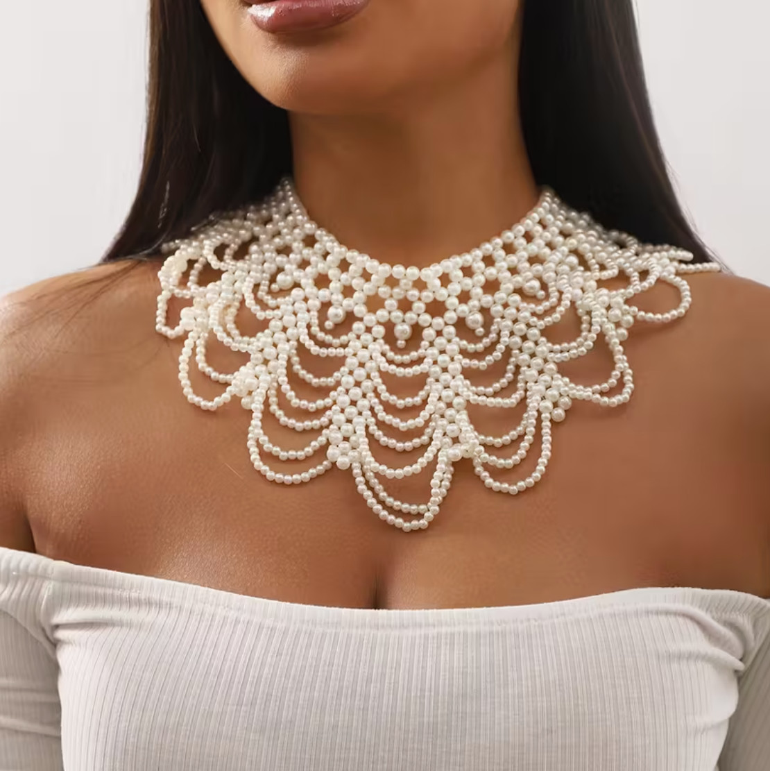 Pearl Collar Necklace Choker Victorian Lace Scalloped Wide Bib Off White PRETTY