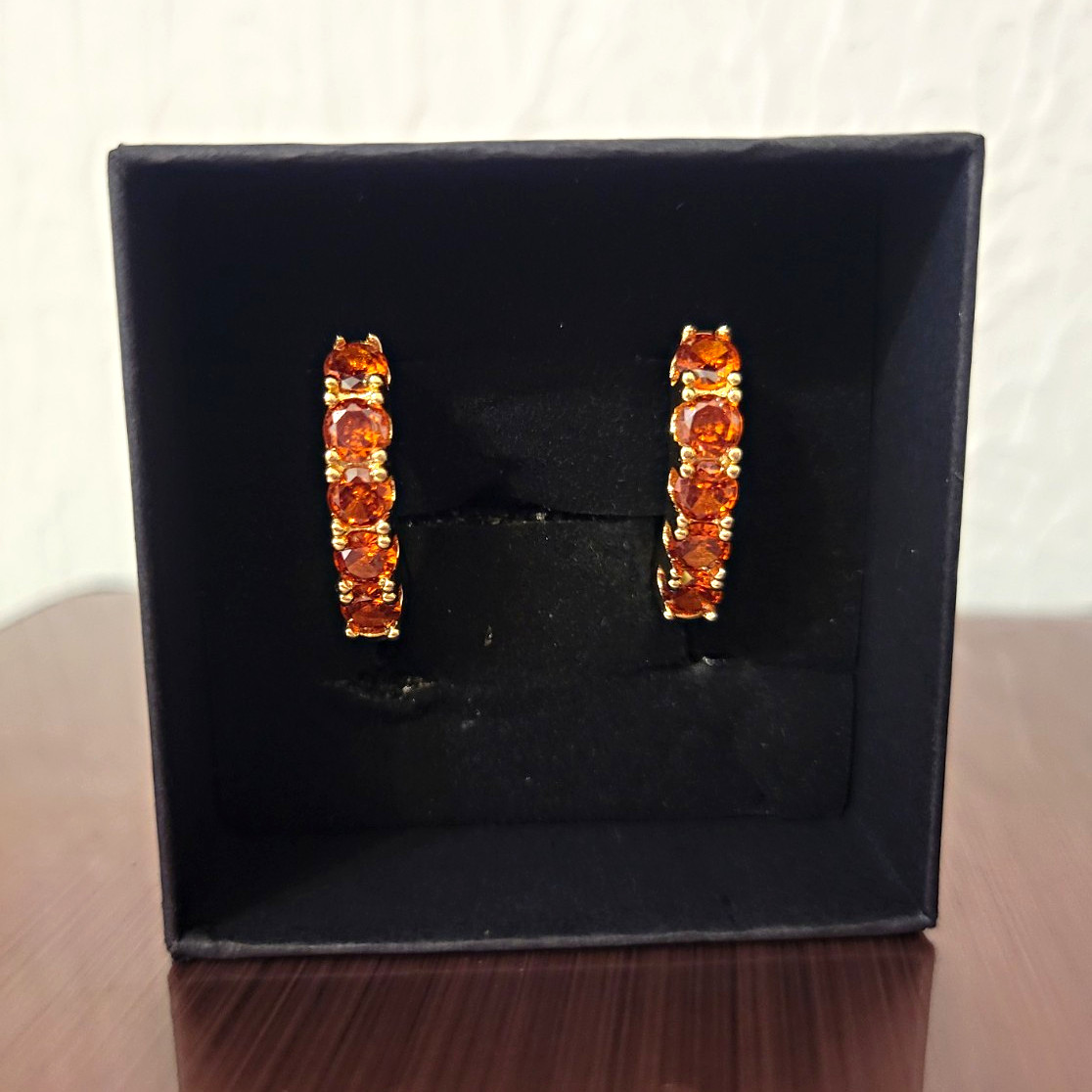 Gold Plated Tone Amber Round Crystal Prong Set Hinged Huggie Hoop Earrings