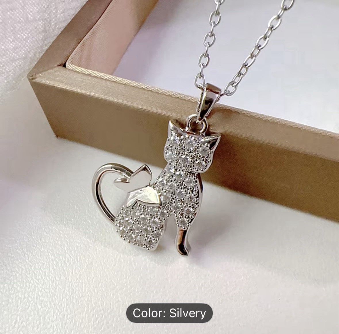 Elegant Silvery Rhinestone Cat and Butterfly Pendent Necklace with Adjustable