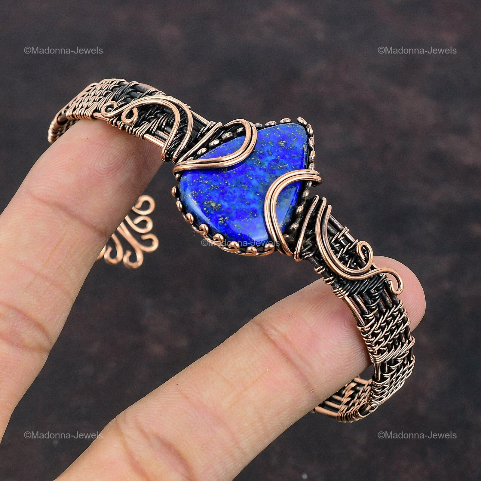 Lapis Lazuli Wire Wrapped Cuff Adjustable Bangle Handcrafted Copper Ethnic Gift