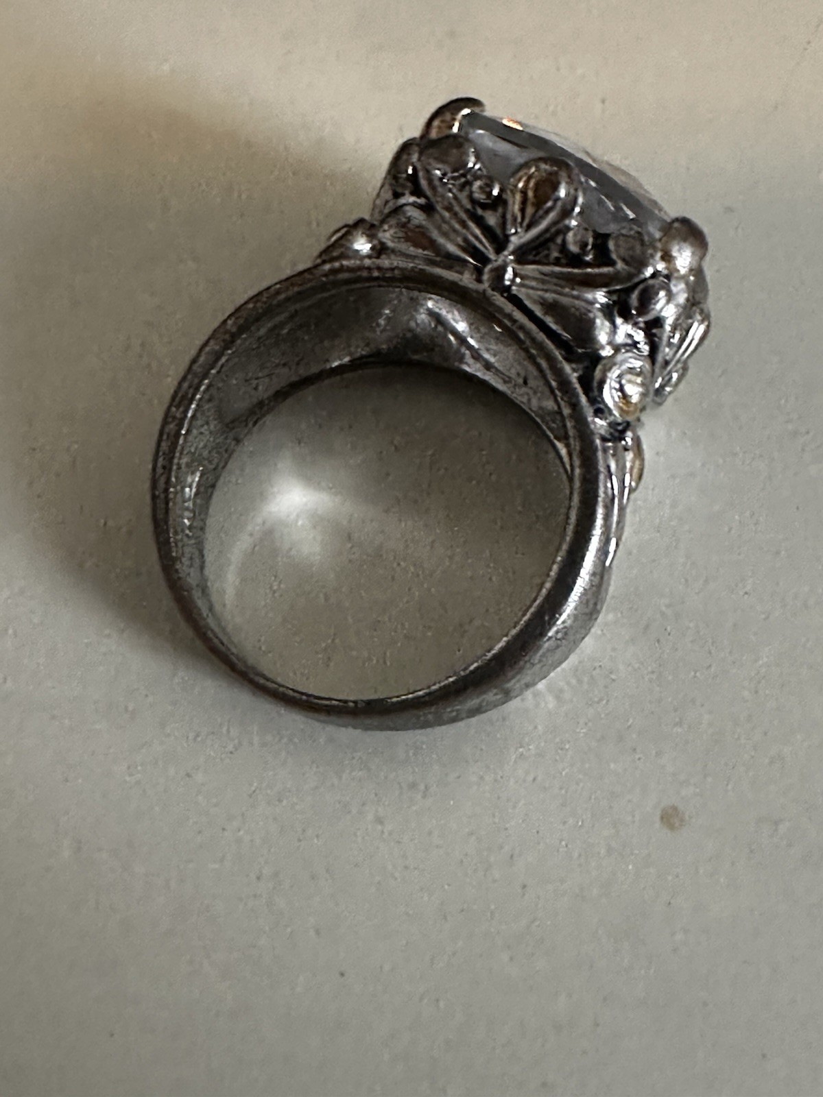 Silver Cocktail Ring with Large Clear Cushion Glass Stone and Ornate Band