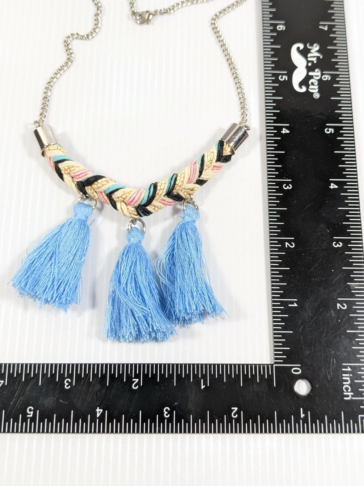 Silver Tone Blue Tassel Black Ivory Pink Braided Cord Necklace 25 inches